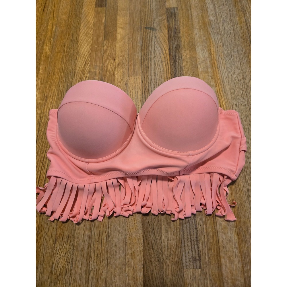 Women Large Pink Coral Underwire Fringe Molded Cup Bikini Bandeau‎ Swimsuit Top